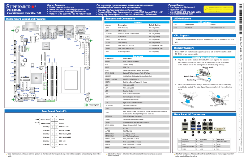 Page n°1 - Guide de démarrage rapide Supermicro X11SSV-M4