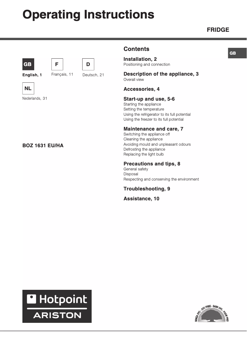 Page 1 de la notice Manuel utilisateur Hotpoint Ariston BOZ 1631 EU HA