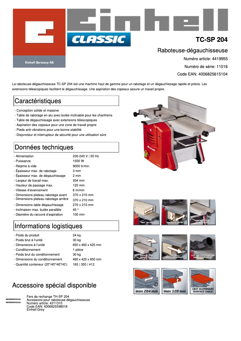 Page 1 de la notice Fiche technique Einhell TC-SP 204