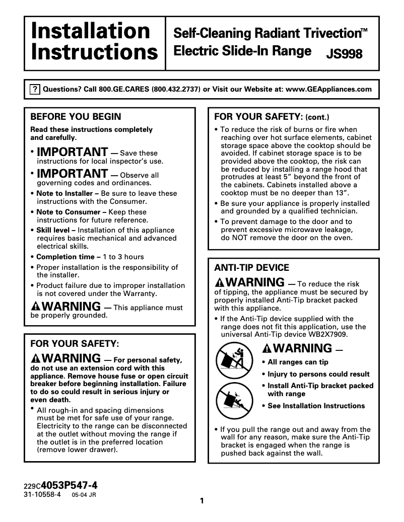 Página 1 del manual Guía de instalación GE Profile JS998THWW