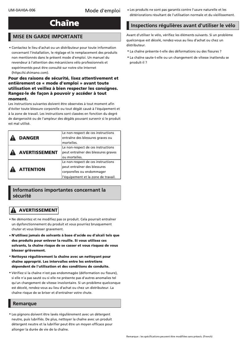 Page n°1 - Manuel utilisateur Shimano CN-M6100