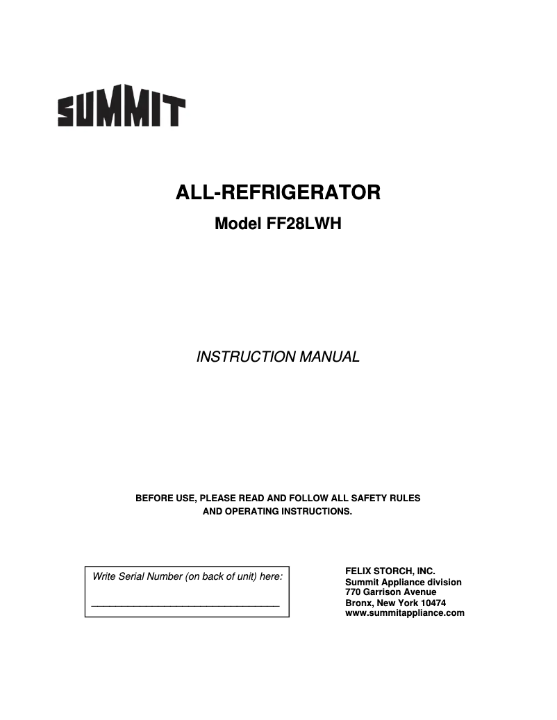 Page 1 de la notice Manuel utilisateur Summit FF28LWH