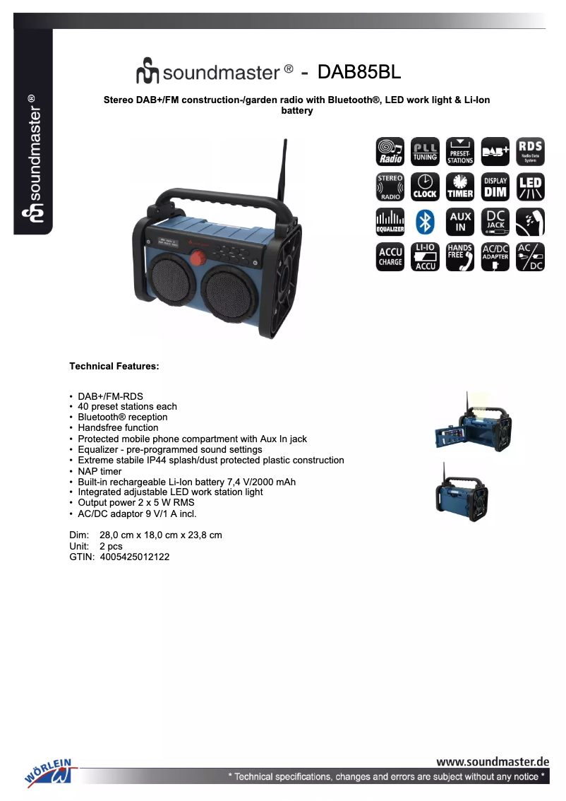 Page n°1 - Fiche technique Soundmaster DAB85