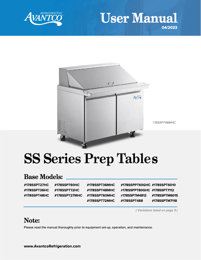 Page n°1 - Manuel utilisateur Avantco SS-PT-60-HC