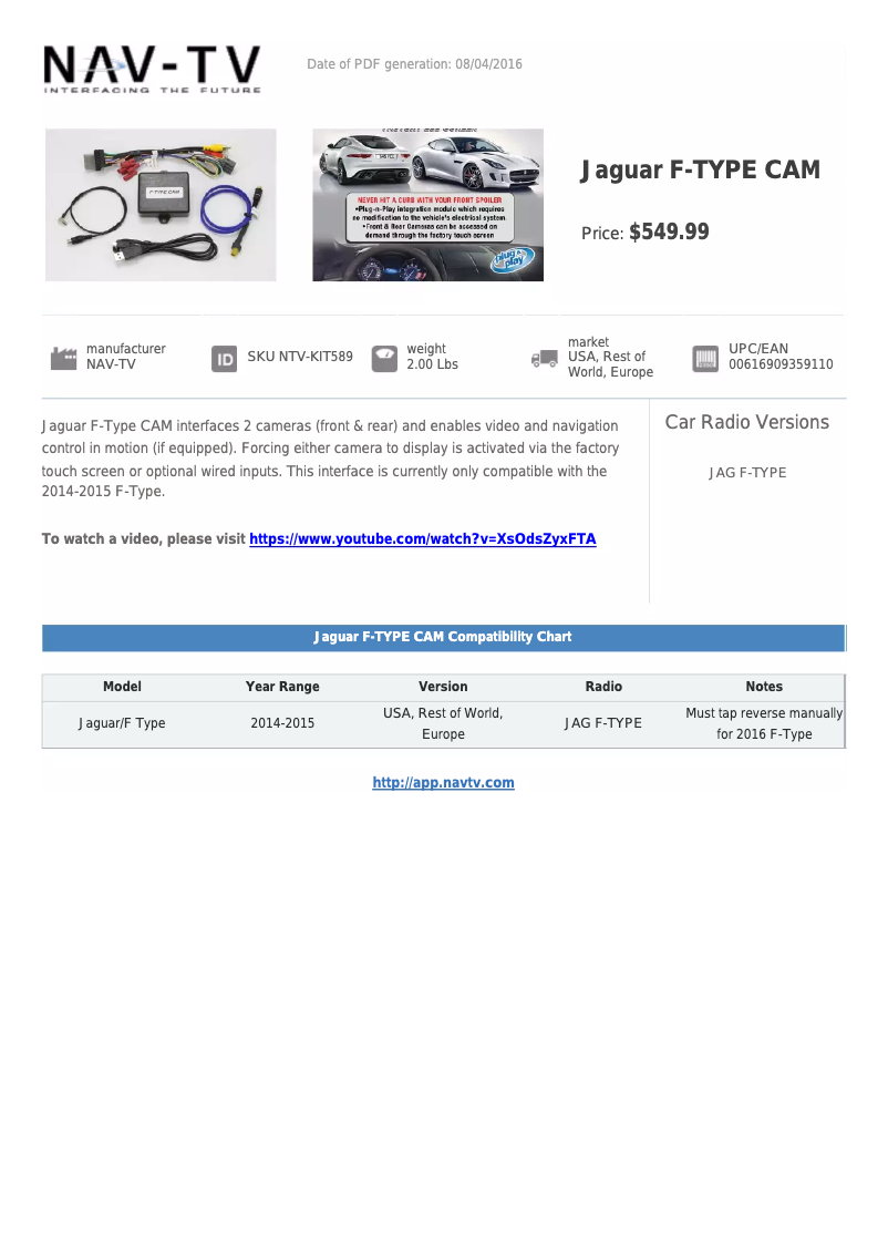 Page n°1 - Fiche technique NAV-TV NTV-KIT589