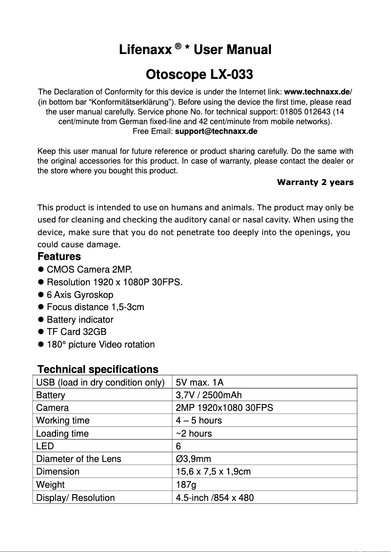 Image de la première page du manuel de l'appareil Otoscope LX-033