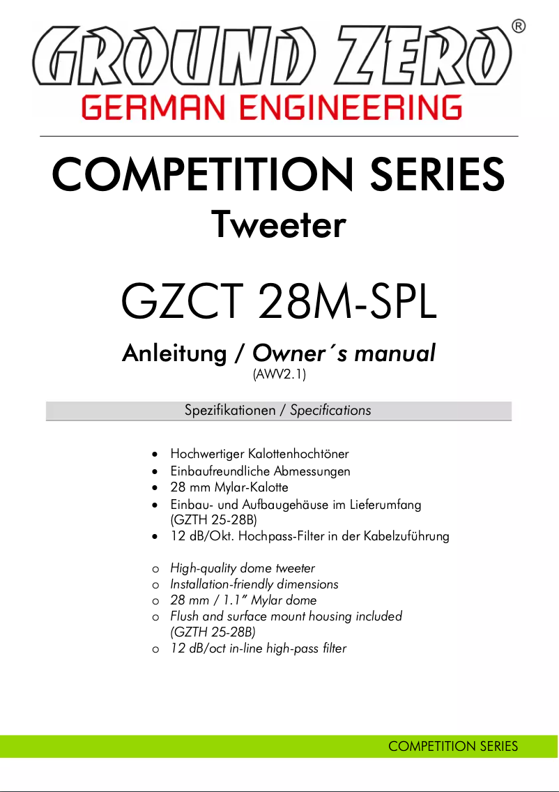 Page 1 of the manual User Manual Ground Zero GZCT 28M-SPL