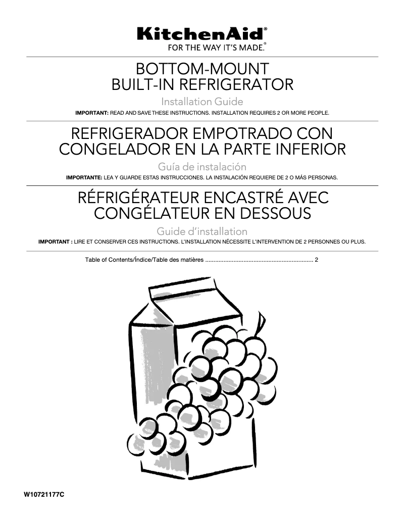 Page 1 de la notice Guide d'installation KitchenAid KBFN506EPA