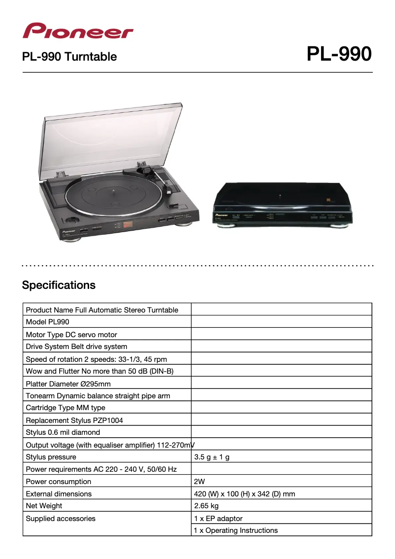 Page n°1 - Fiche technique Pioneer PL-990