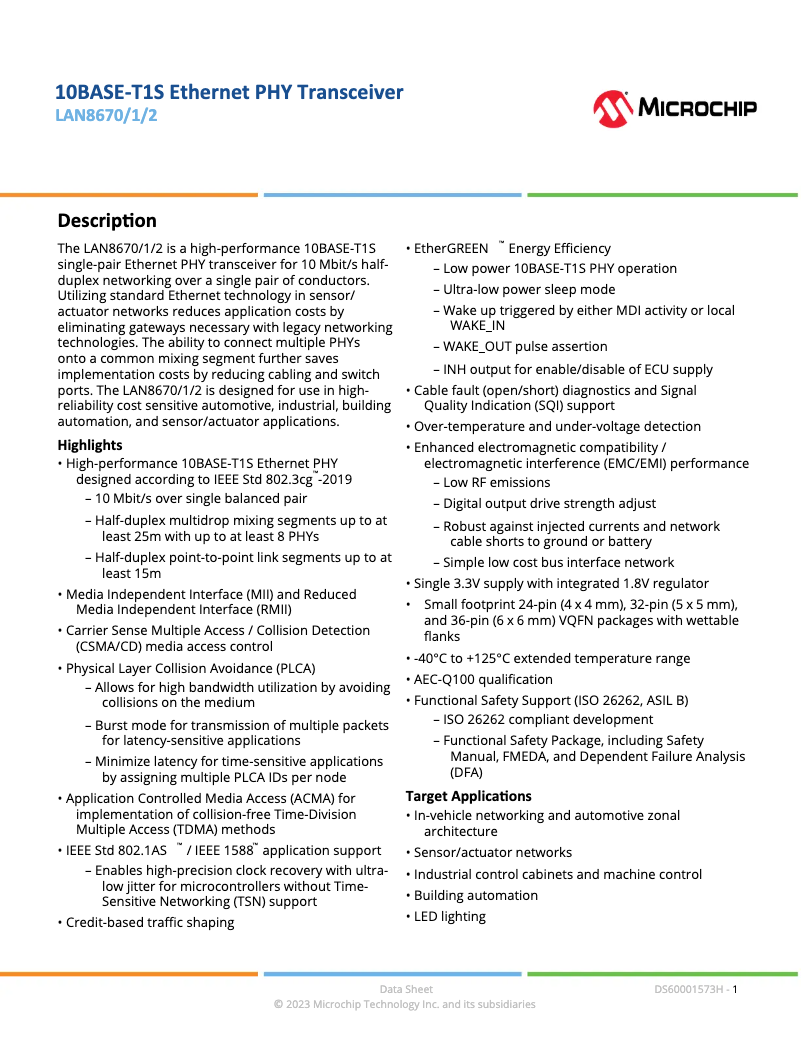 Page 1 de la notice Fiche technique Microchip LAN8672