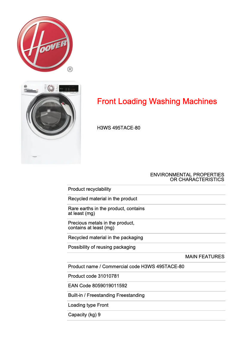 Page 1 de la notice Fiche technique Hoover H3WS 495TACE-80
