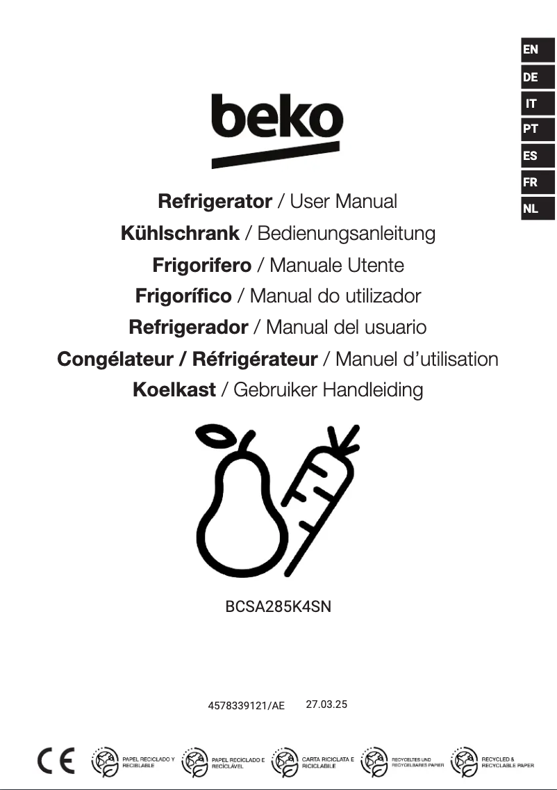 Page 1 de la notice Manuel utilisateur Beko BCSA285K4SN