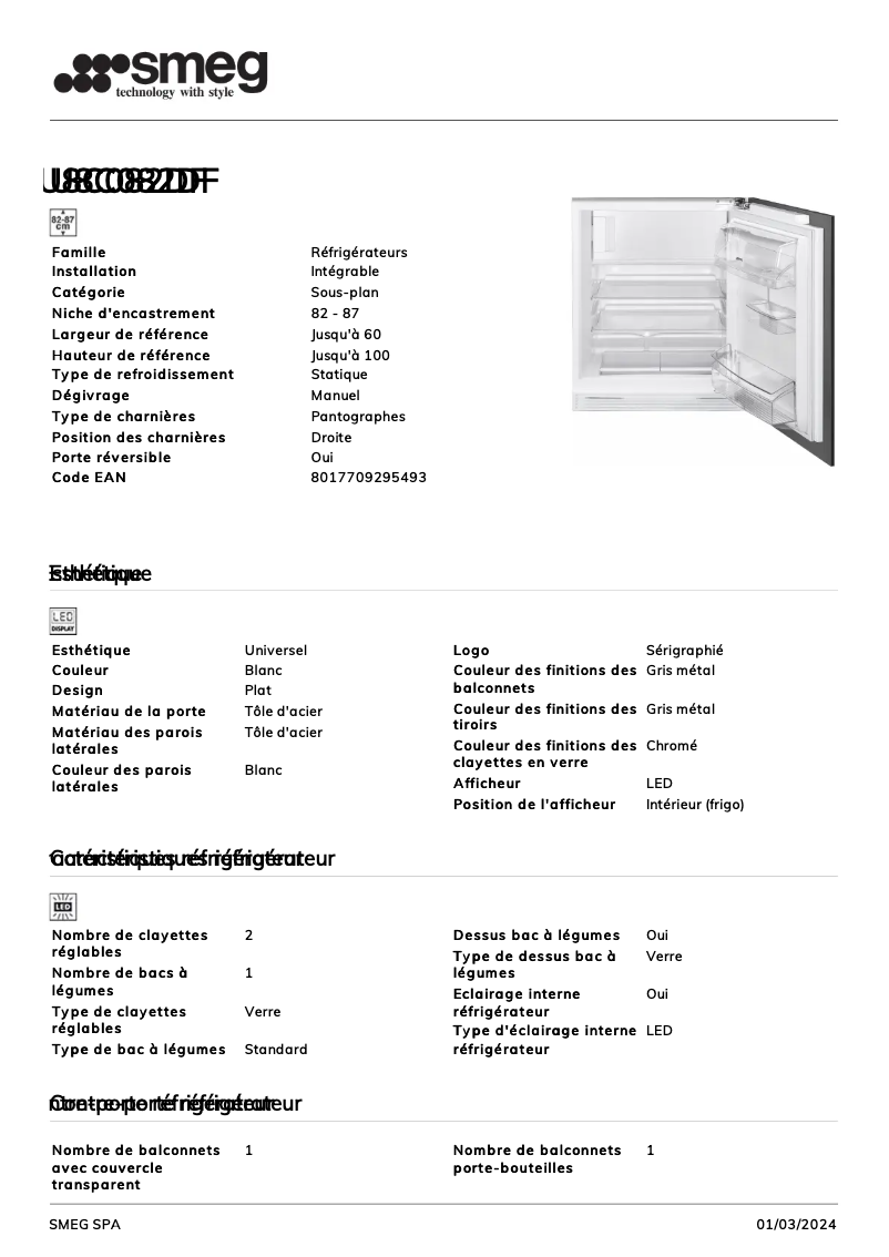 Page 1 de la notice Fiche technique Smeg U8C082DF