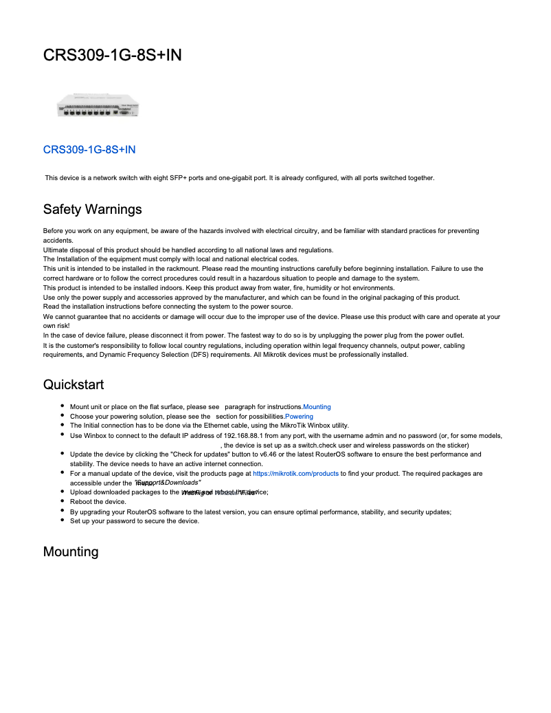 Image de la première page du manuel de l'appareil CRS309-1G-8S+IN