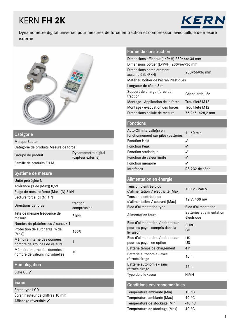 Page 1 de la notice Fiche technique Kern FH 2K