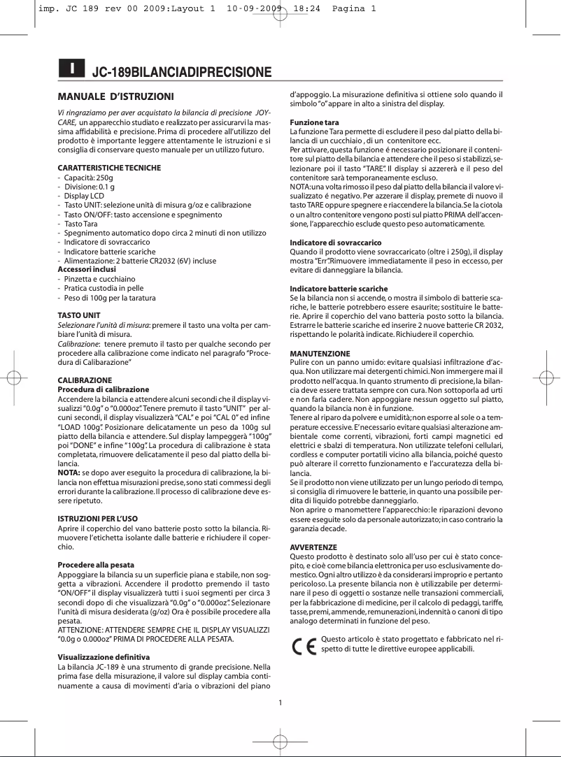 Imagen de la primera página del manual del dispositivo JC-189