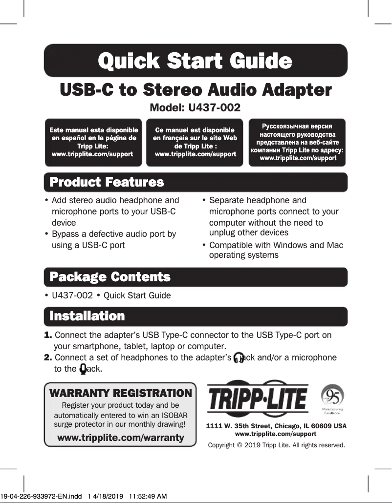 Page 1 de la notice Manuel utilisateur Tripp Lite U437-002