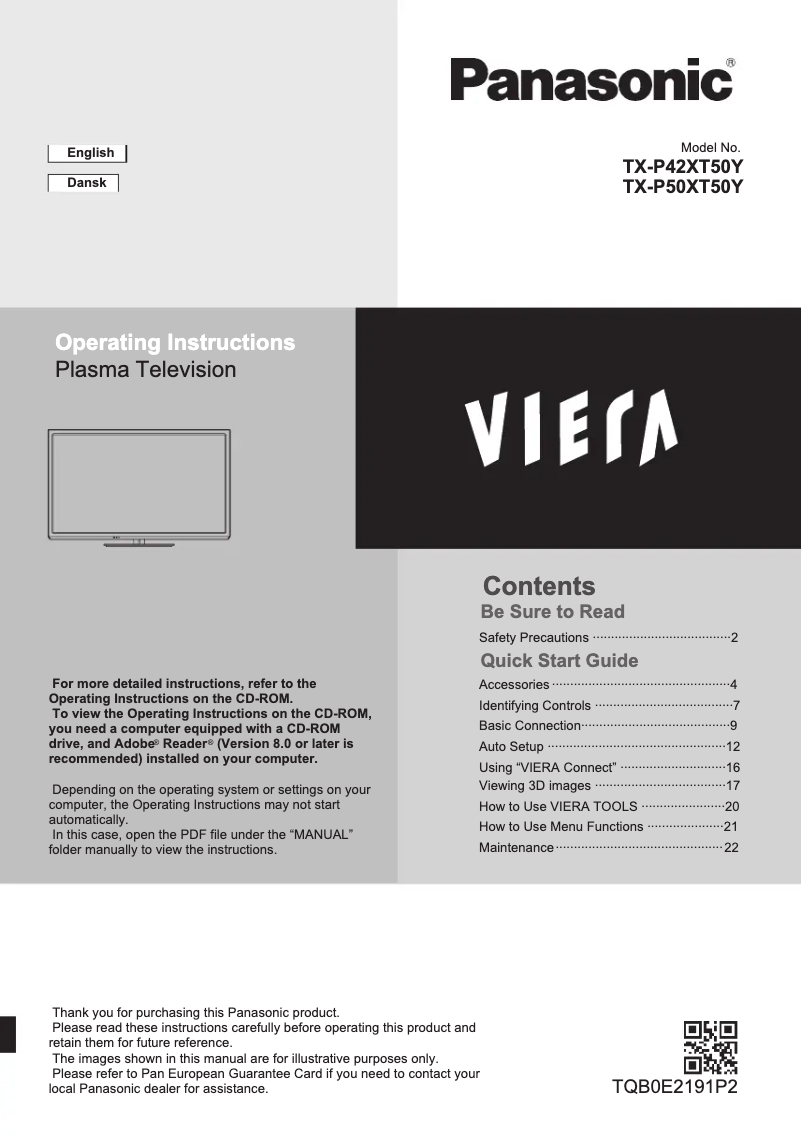 Page 1 de la notice Manuel utilisateur Panasonic Viera TX-P50XT50Y