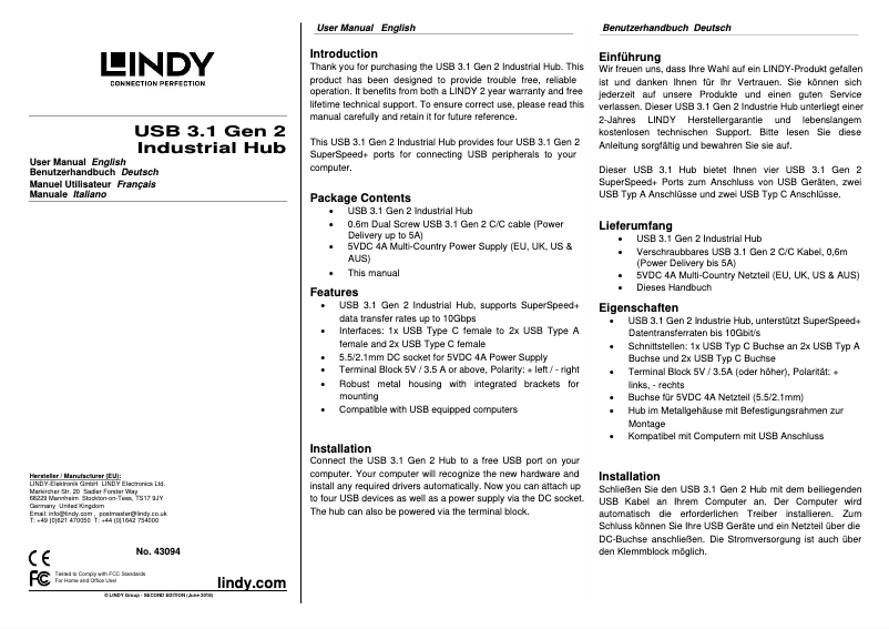 Page n°1 - Manuel utilisateur Lindy 43094