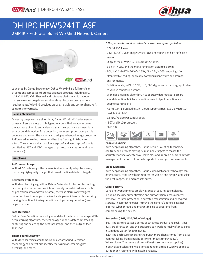 Page 1 de la notice Fiche technique Dahua Technology IPC-HFW5241T-ASE