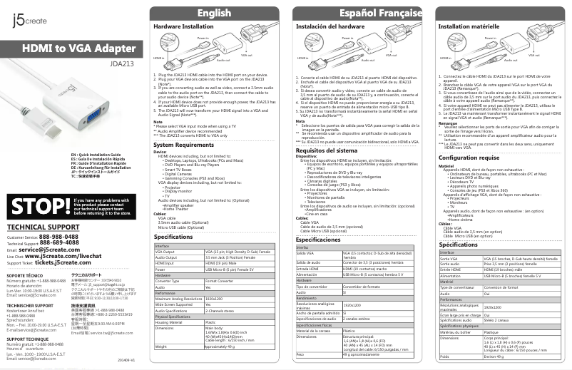 Page n°1 - Manuel utilisateur j5 create JDA213