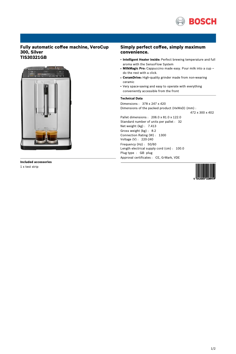 Page 1 de la notice Fiche technique Bosch TIS30321GB