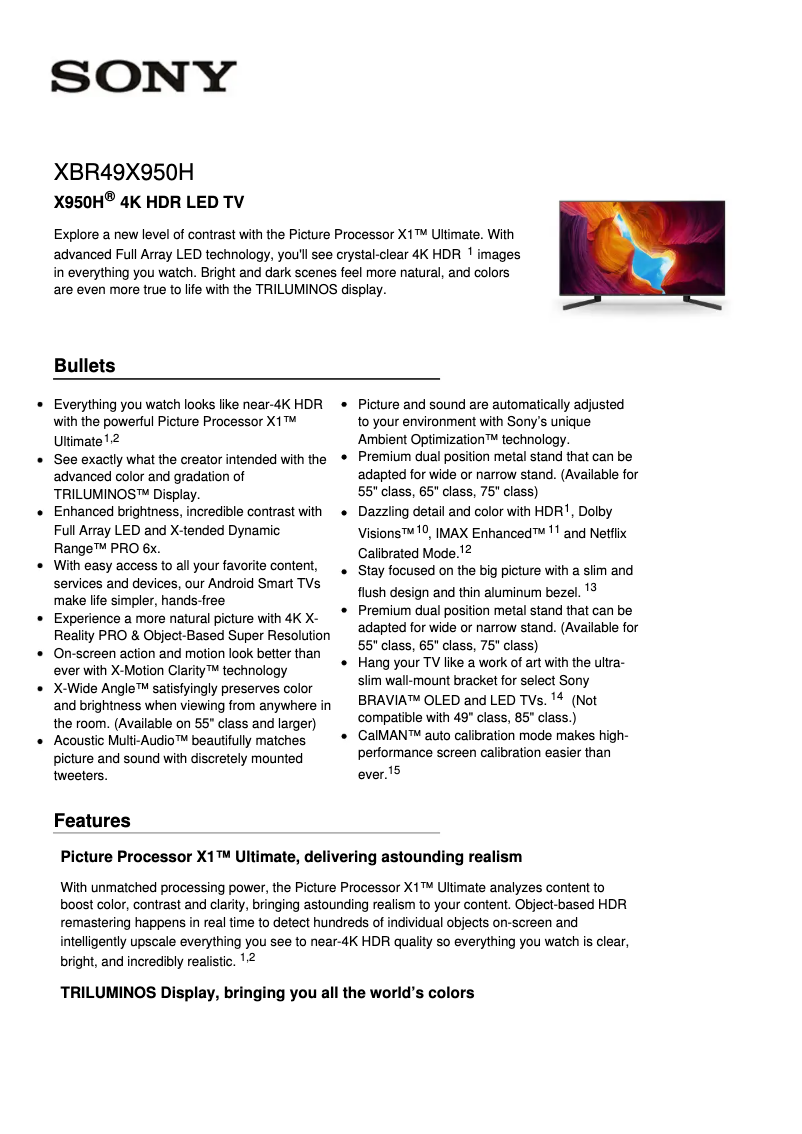 Page 1 de la notice Fiche technique Sony XBR49X950H