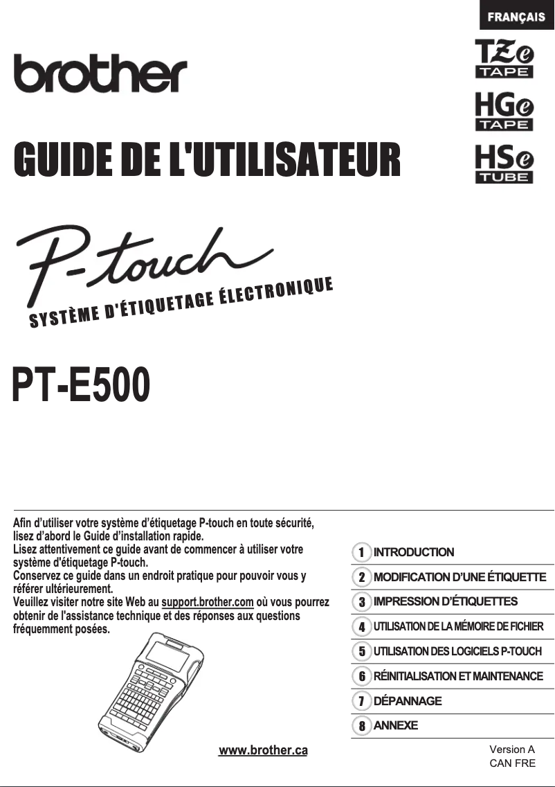 Image de la première page du manuel de l'appareil P-Touch PT-E500