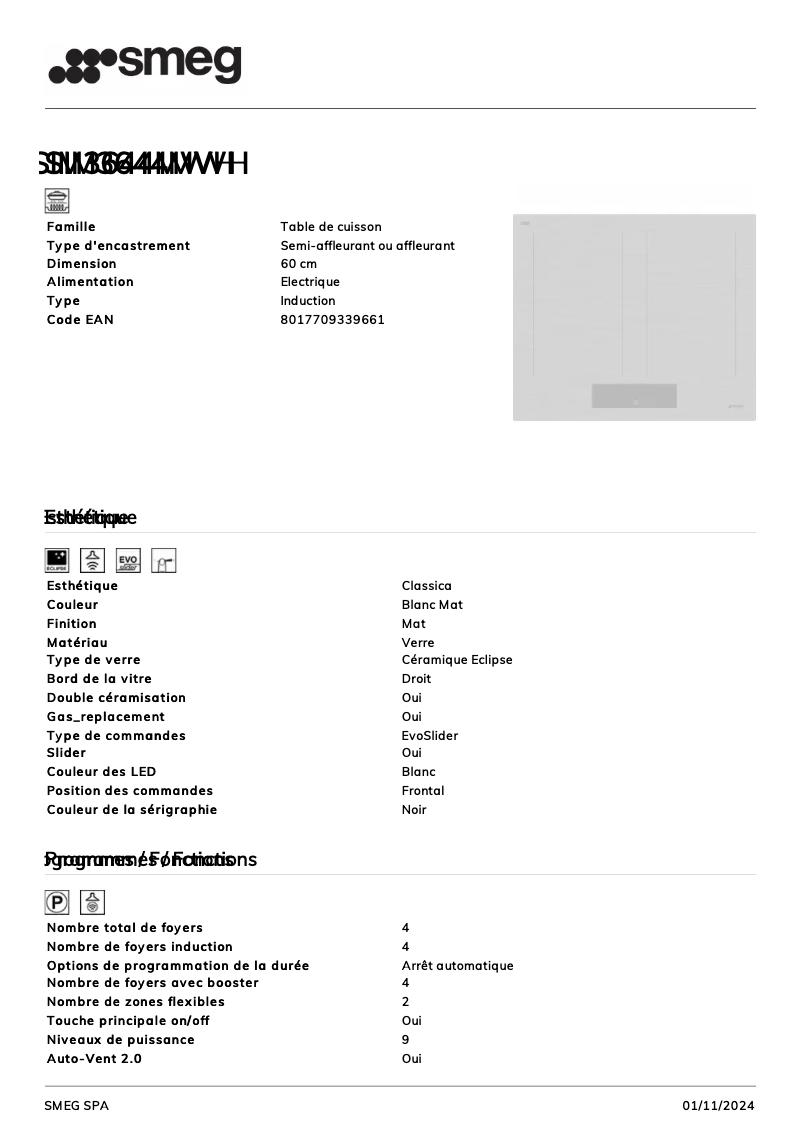 Page n°1 - Fiche technique Smeg SIM3644MWH