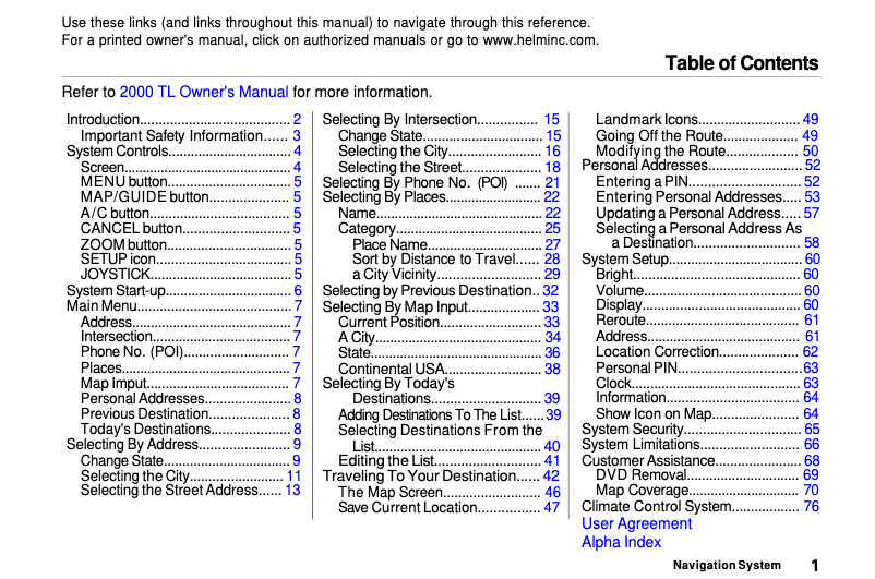 Page 1 de la notice Manuel utilisateur Acura TL (2000)