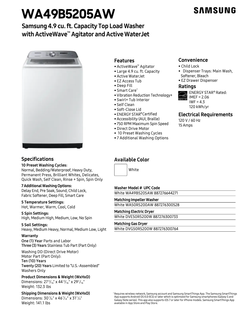 Page 1 de la notice Fiche technique Samsung WA49B5205AW