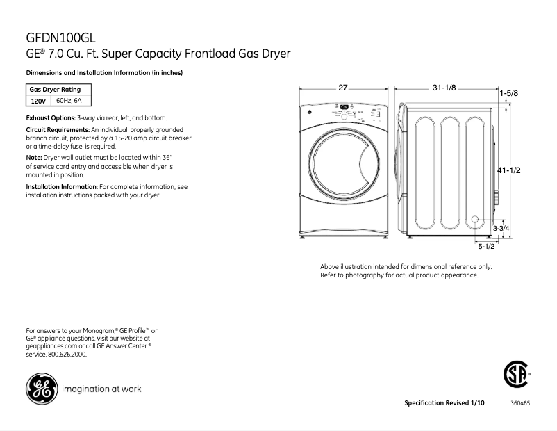 Page 1 of the manual Technical Sheet GE GFDN100GLWW