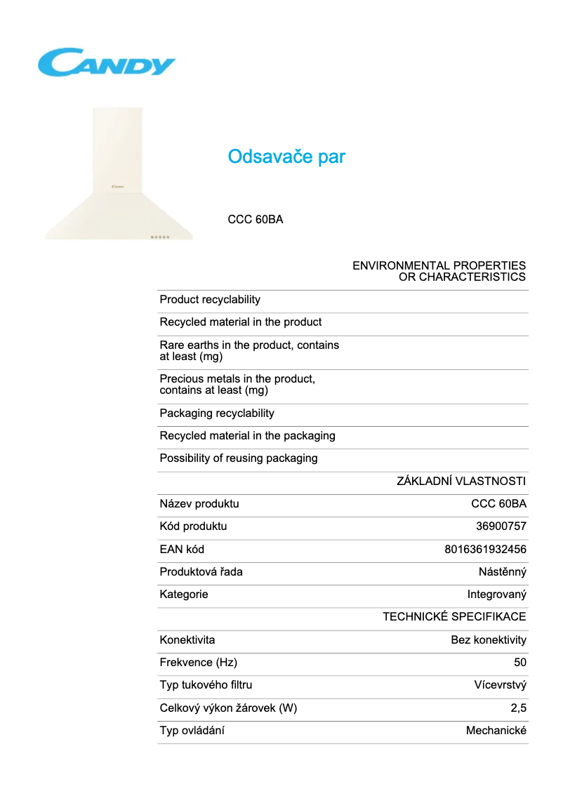 Page n°1 - Fiche technique Candy CCC 60BA