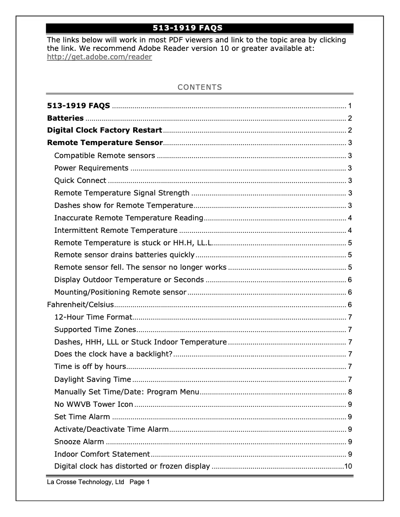 Page 1 de la notice FAQ La Crosse Technology 513-1919