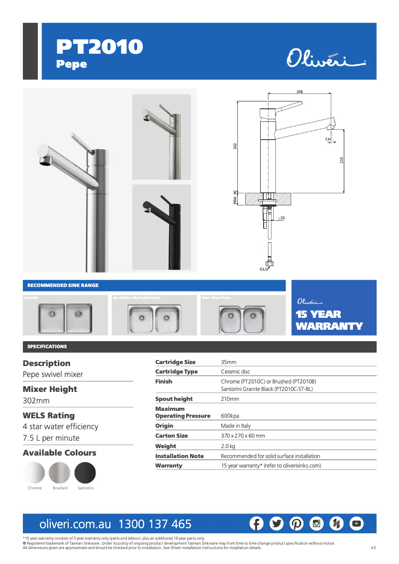 Page 1 de la notice Fiche technique Oliveri PT2010B