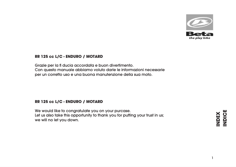Page 1 de la notice Manuel utilisateur Beta RR Enduro 4T 125 LC