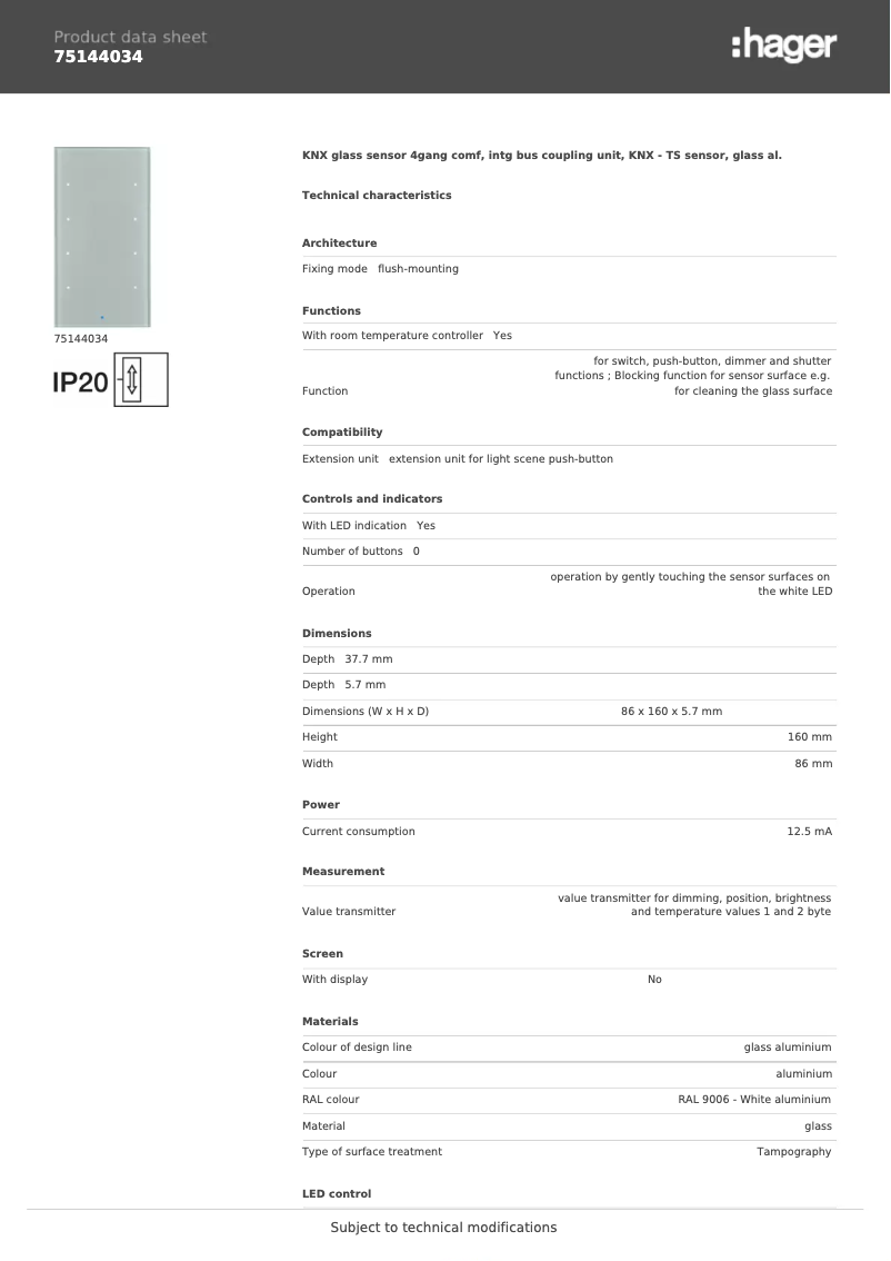 Page n°1 - Fiche technique Hager 75144034