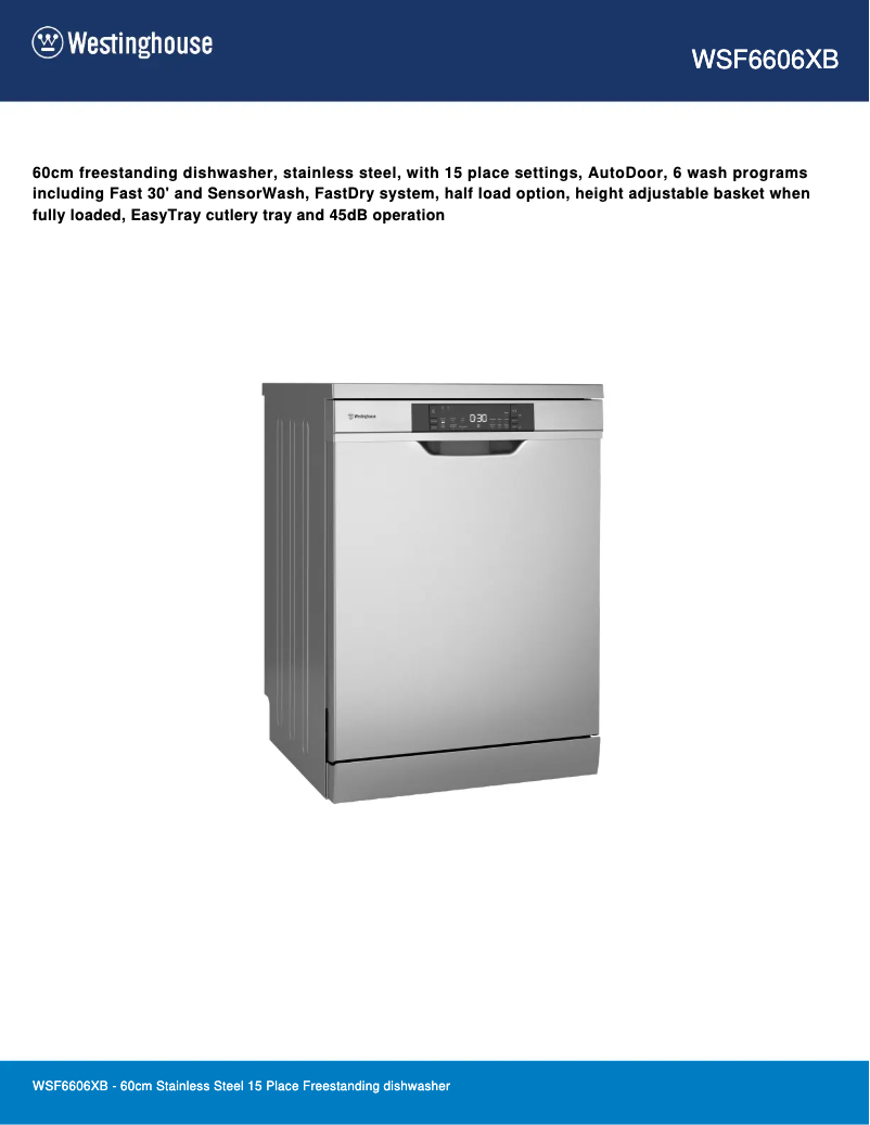 Page n°1 - Fiche technique Westinghouse WSF6606XB