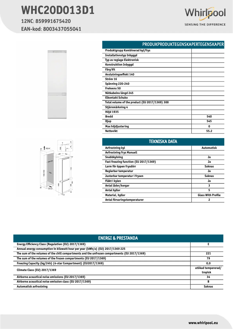 Page n°1 - Fiche technique Whirlpool WHC20D013D1