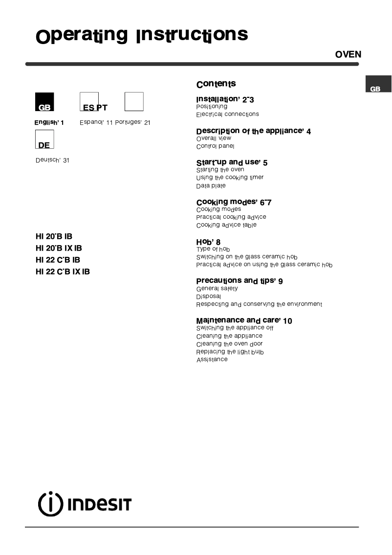 Page n°1 - Manuel utilisateur Indesit HI22CBIX