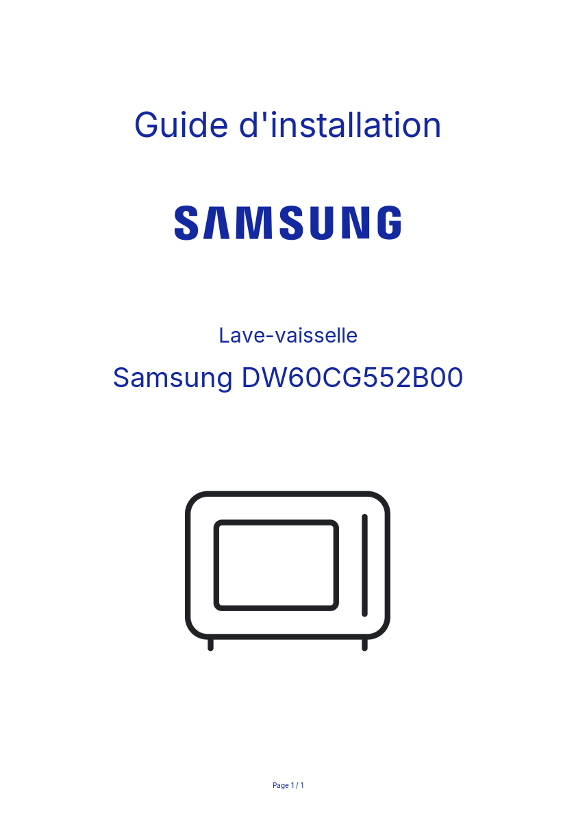 Page n°1 - Guide d'installation Samsung DW60CG552B00
