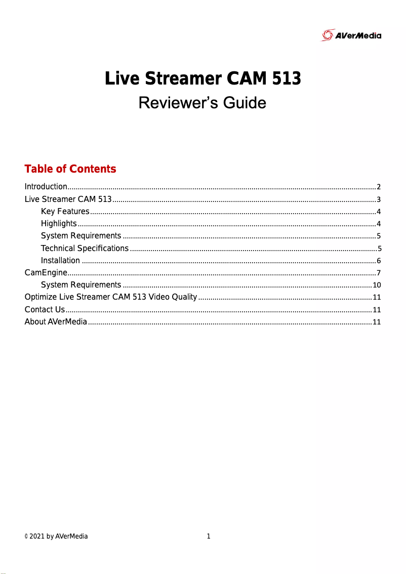 Page n°1 - Manuel utilisateur AVerMedia Live Streamer Cam 513