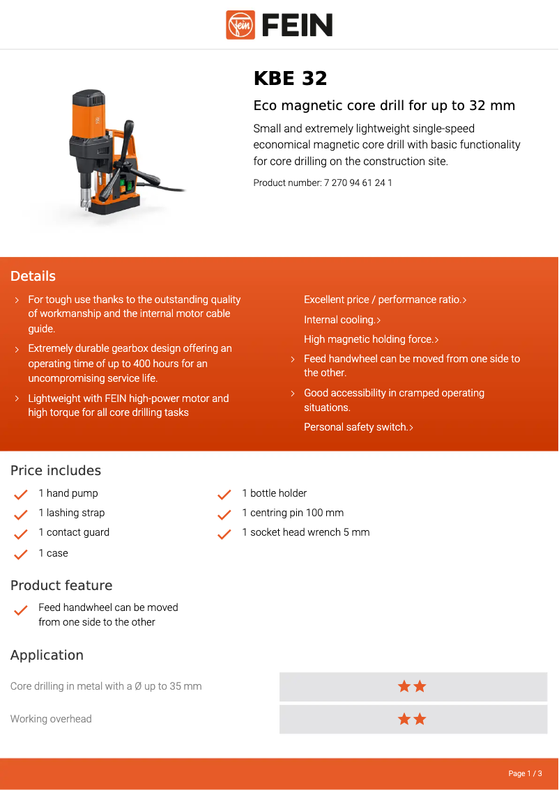 Page 1 de la notice Fiche technique Fein KBE 32
