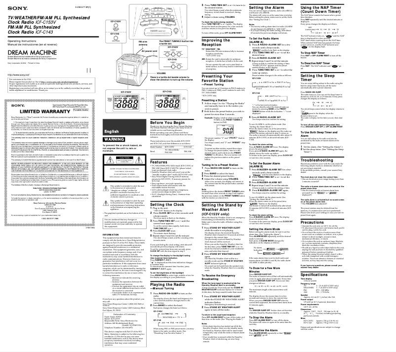 Page 1 de la notice Manuel utilisateur Sony ICF-C143