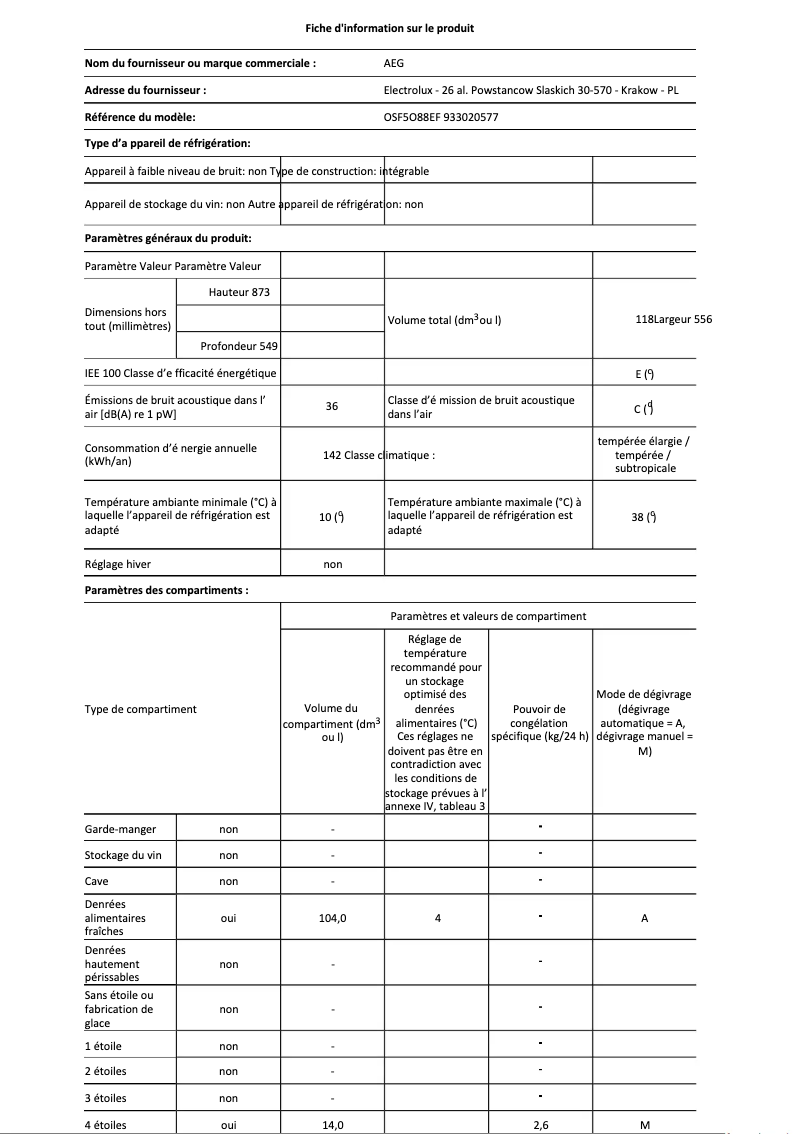 Page 1 de la notice Fiche technique AEG OSF5O88EF