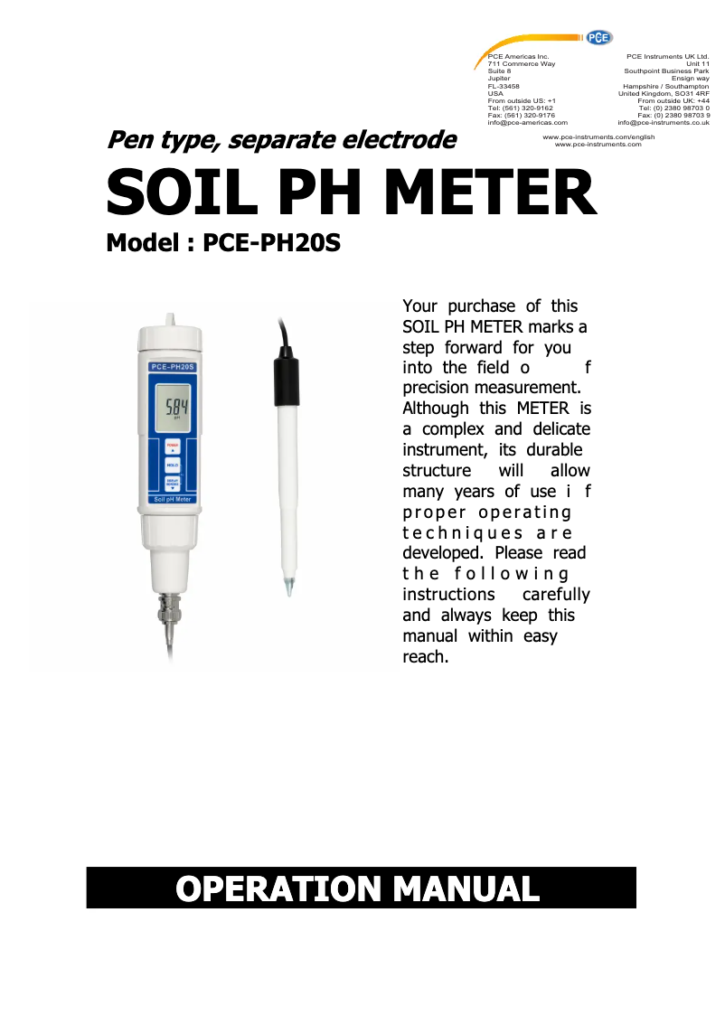 Page 1 de la notice Manuel utilisateur PCE Instruments PCE-PH20S