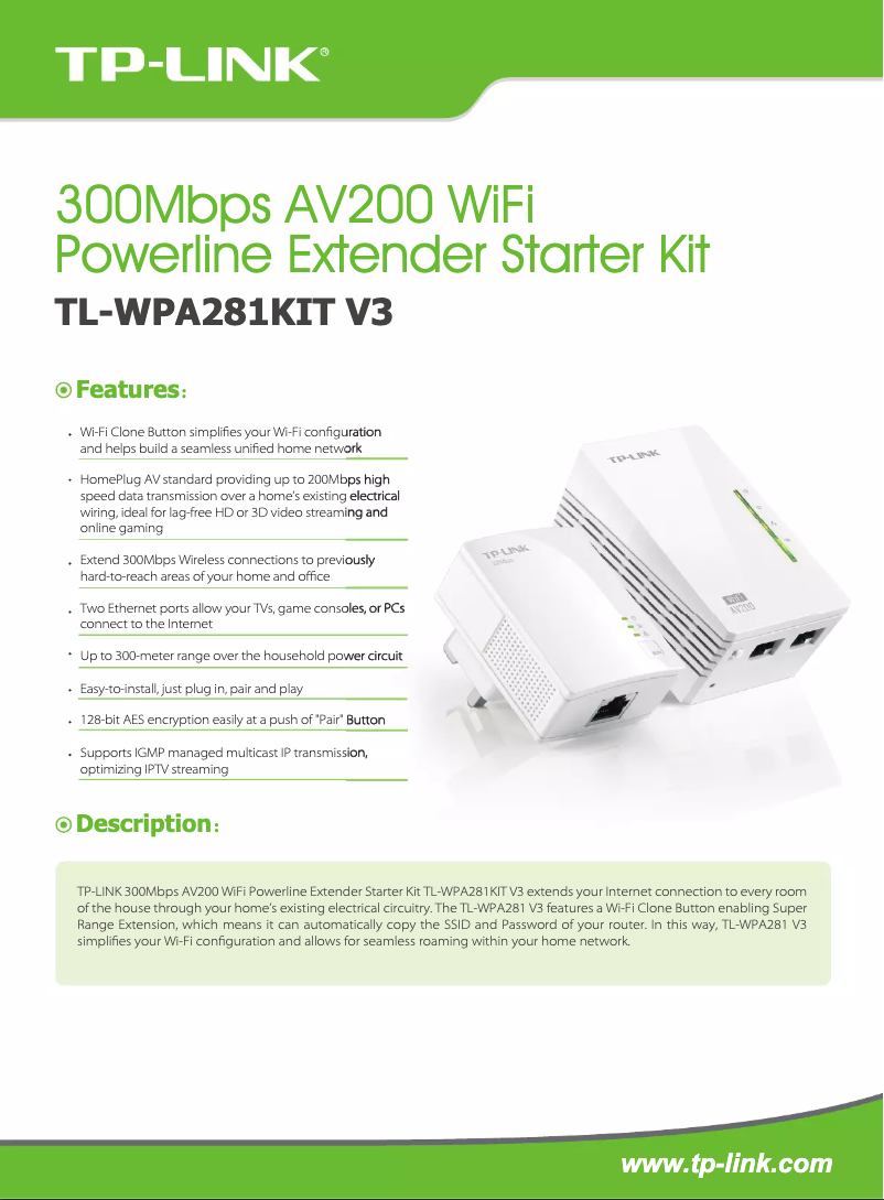 Page 1 de la notice Fiche technique TP-Link TL-WPA281