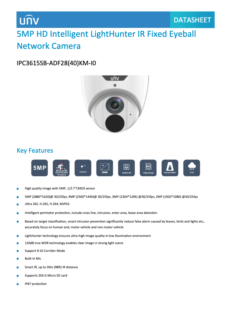 Page 1 de la notice Fiche technique UniView IPC3615SB-ADF28(40)KM-I0