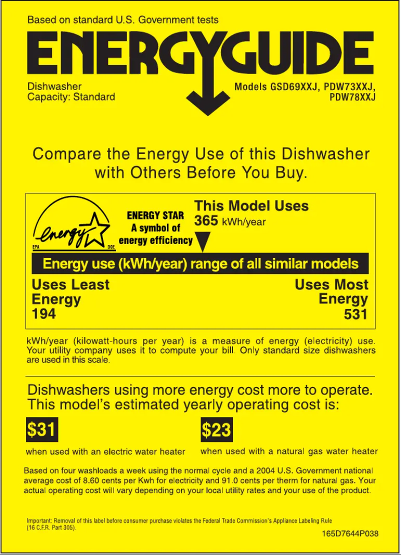 Page n°1 - Label énergétique GE Profile PDW7800JCC