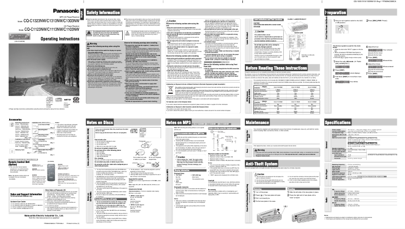 Page 1 de la notice Manuel utilisateur Panasonic CQ-C1123